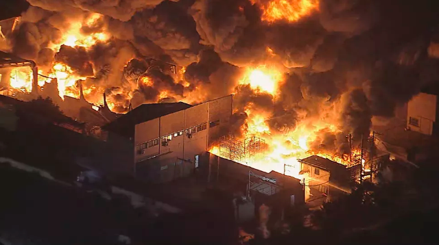 Incêndio em galpão de reciclagem em Guarulhos, na Grande SP, na manhã desta segunda (20) — Foto: Reprodução/TV Globo